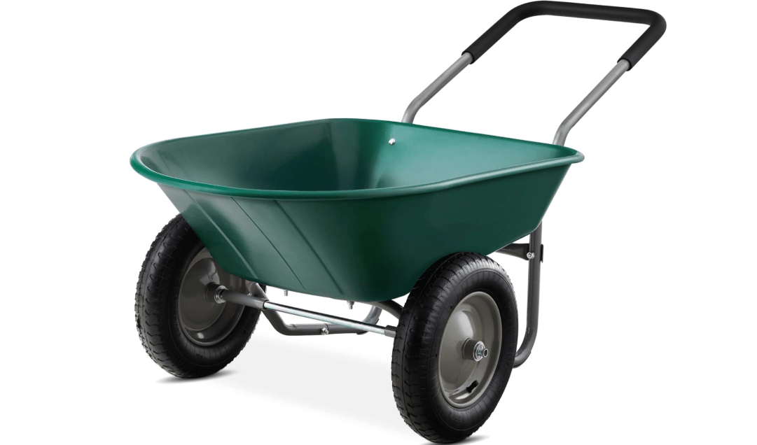 Best Choice Products Dual-Wheel Home Utility Yard Wheelbarrow Garden Cart w/Built-in Stand for Lawn, Gardening, Construction - Green 