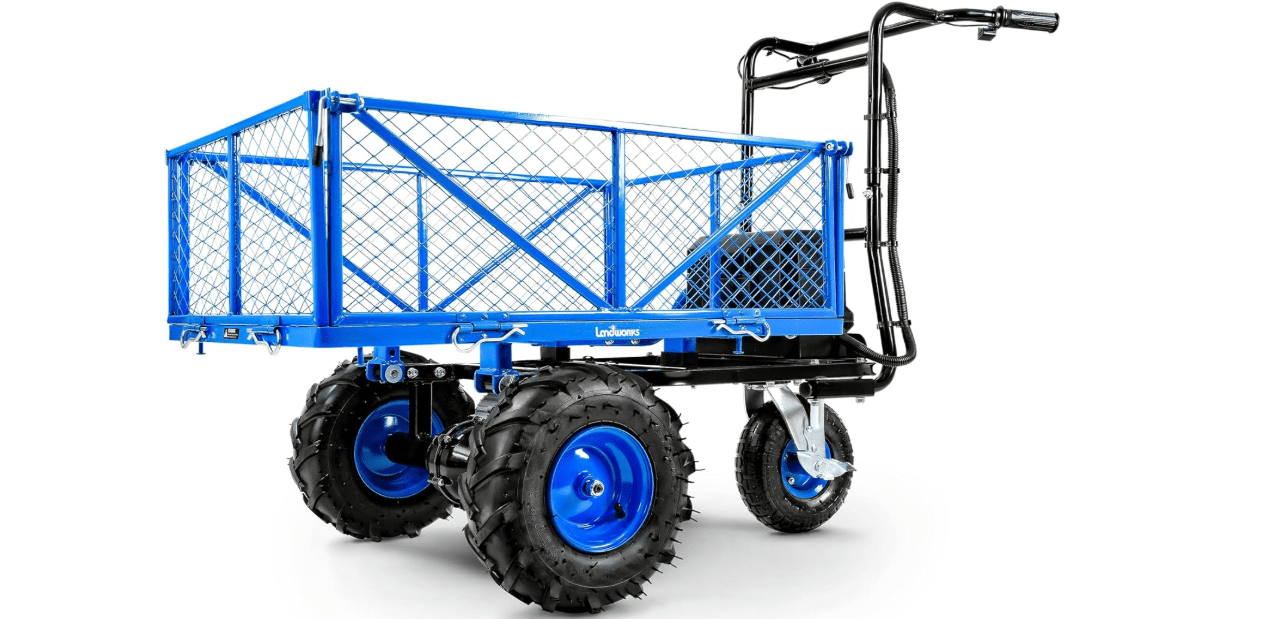 Landworks Utility Service Cart Wheelbarrow Power Wagon, Super Duty Electric 48V DC Li-Ion Battery Powered, 500 lbs Load & 1000+ lbs Hauling Capacity, Farm & Garden Dump with Modular Cargo Bed 