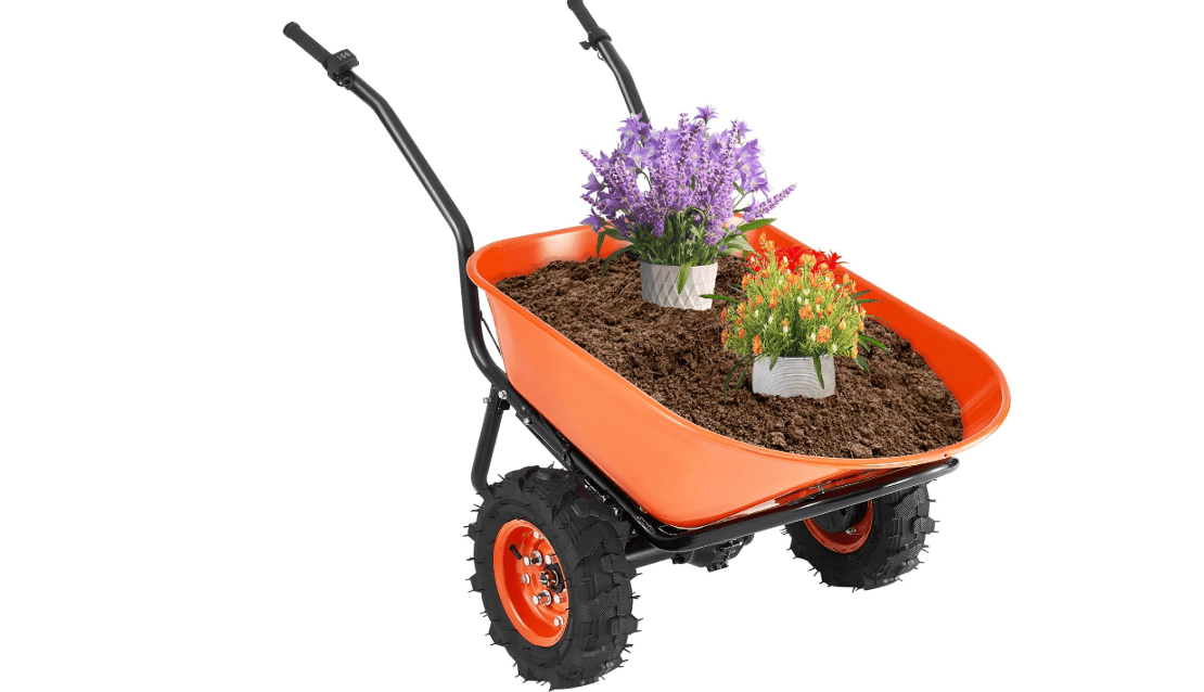 VEVOR Electric Wheelbarrow Cart, 500W Powered Utility Garden Wagon Dump Cart, 4.5 Cu. Ft. Load & 573 lbs Capacity with Metal Handle & 16" Track Wheels, Two Wheel Barrow Yard Cart & Wagons for Lawn 