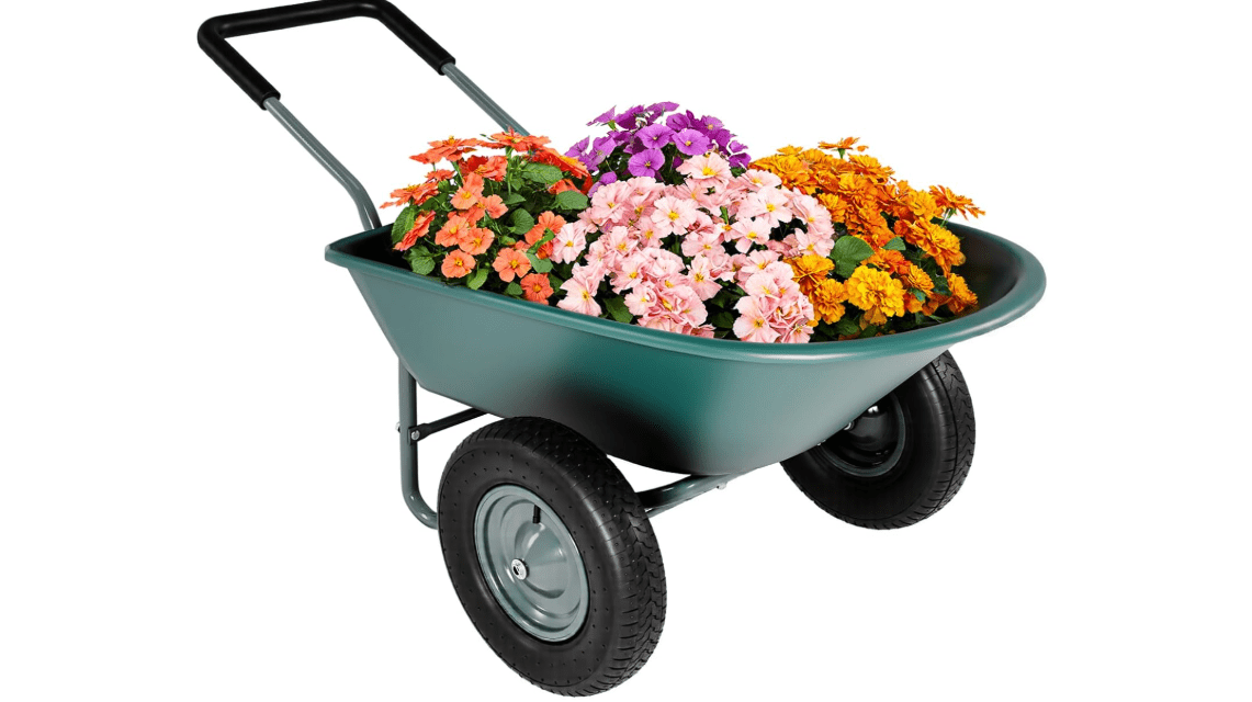 Upgrade 2 Wheel Wheelbarrow, Yard Cart with Padded Handlebar, 14 Inch Pneumatic Tires for High Stability, Ideal for Moving Soil, Plant Shrub, Gardening Tool, Easy Assembly 