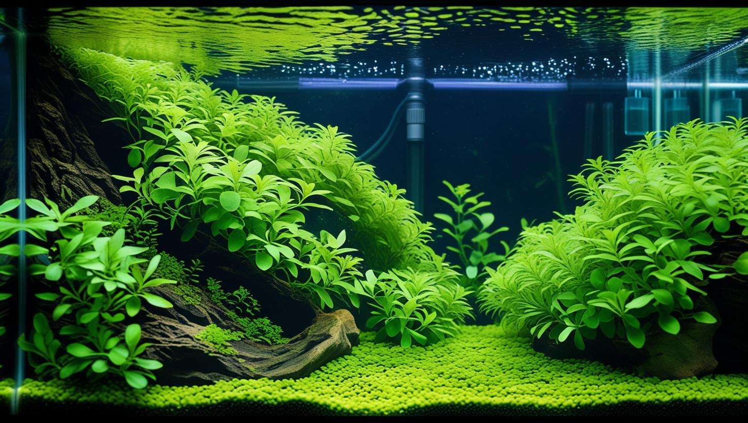 Side view of a Glossostigma carpet in a planted aquarium with nutrient-rich substrate