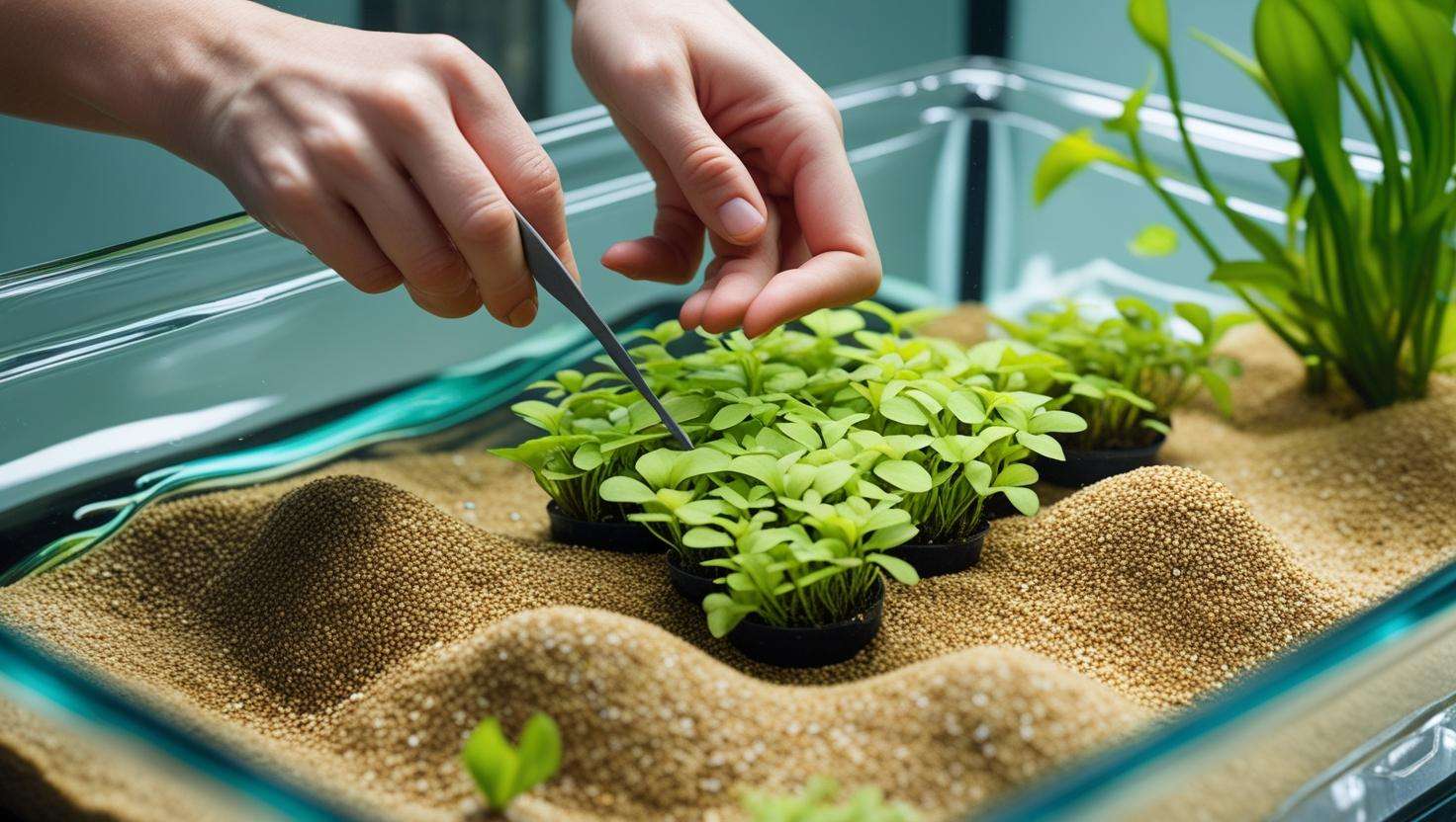Step-by-step planting of Dwarf Baby Tears in a planted aquarium with tweezers