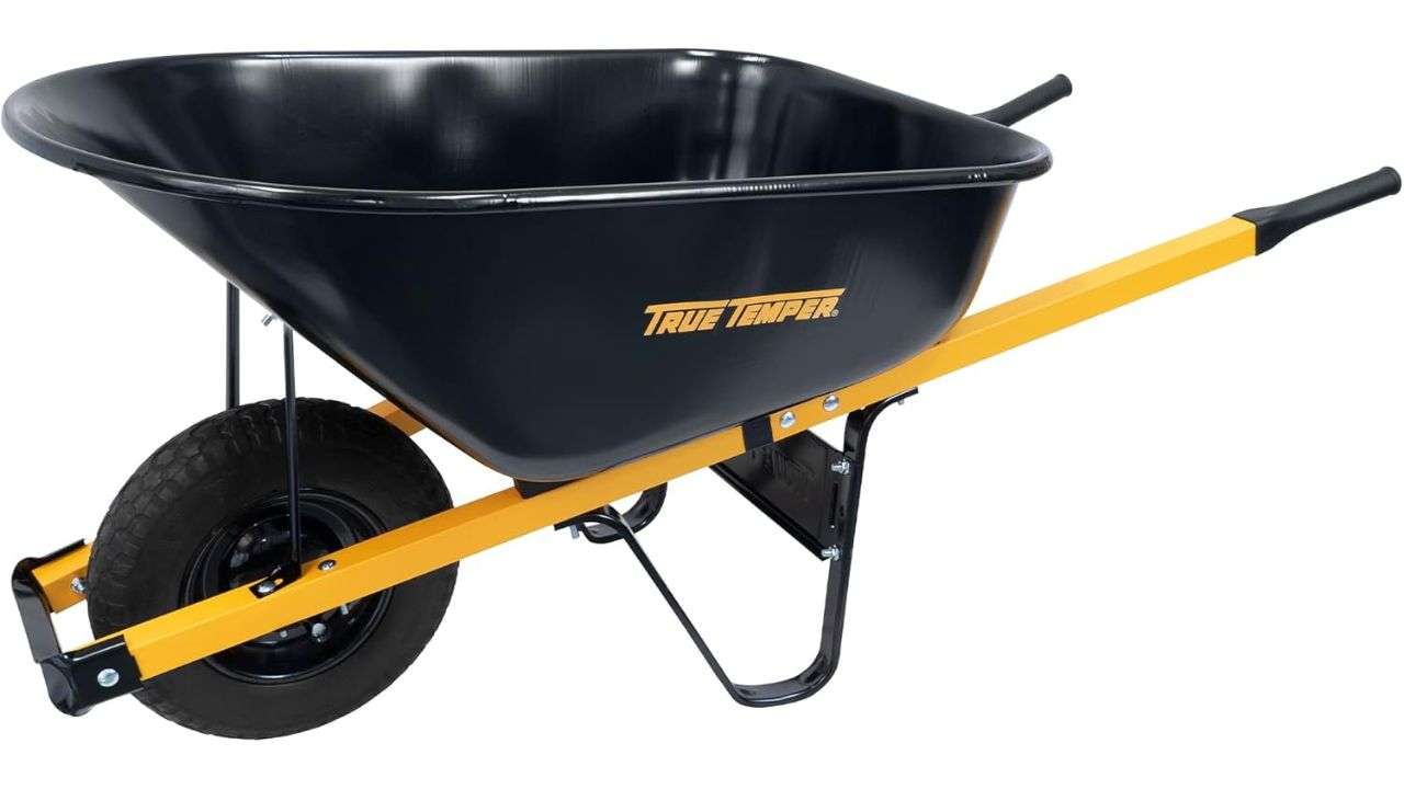 True Temper R6STFFEC 6 Cu. Ft Steel Tray Wheelbarrow with Never Flat Tire & Steel Handles, Black & 20201001 Steel Tine Leaf Rake with Hardwood/Steel...