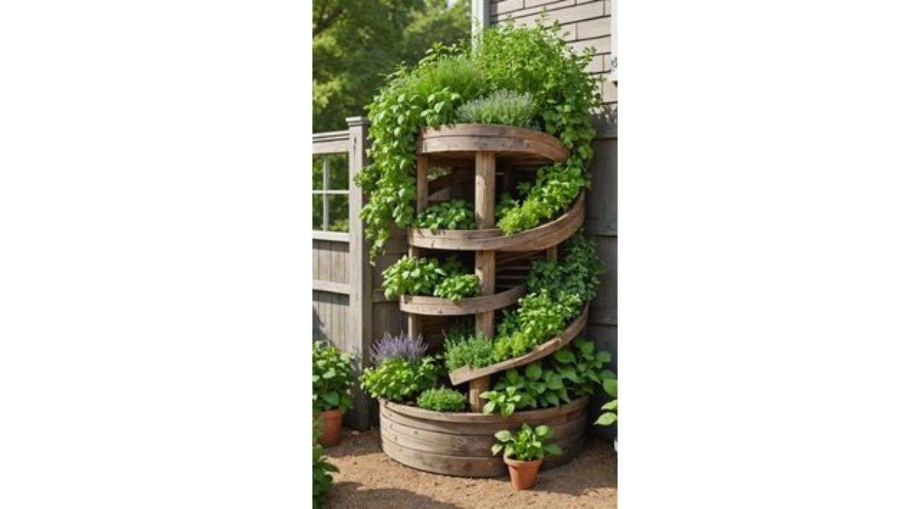 a keyhole garden featuring a circular bed with a central compost basket, layered soil, natural stone and wood materials, surrounded by lush greenery, no text, high resolution, natural daylight