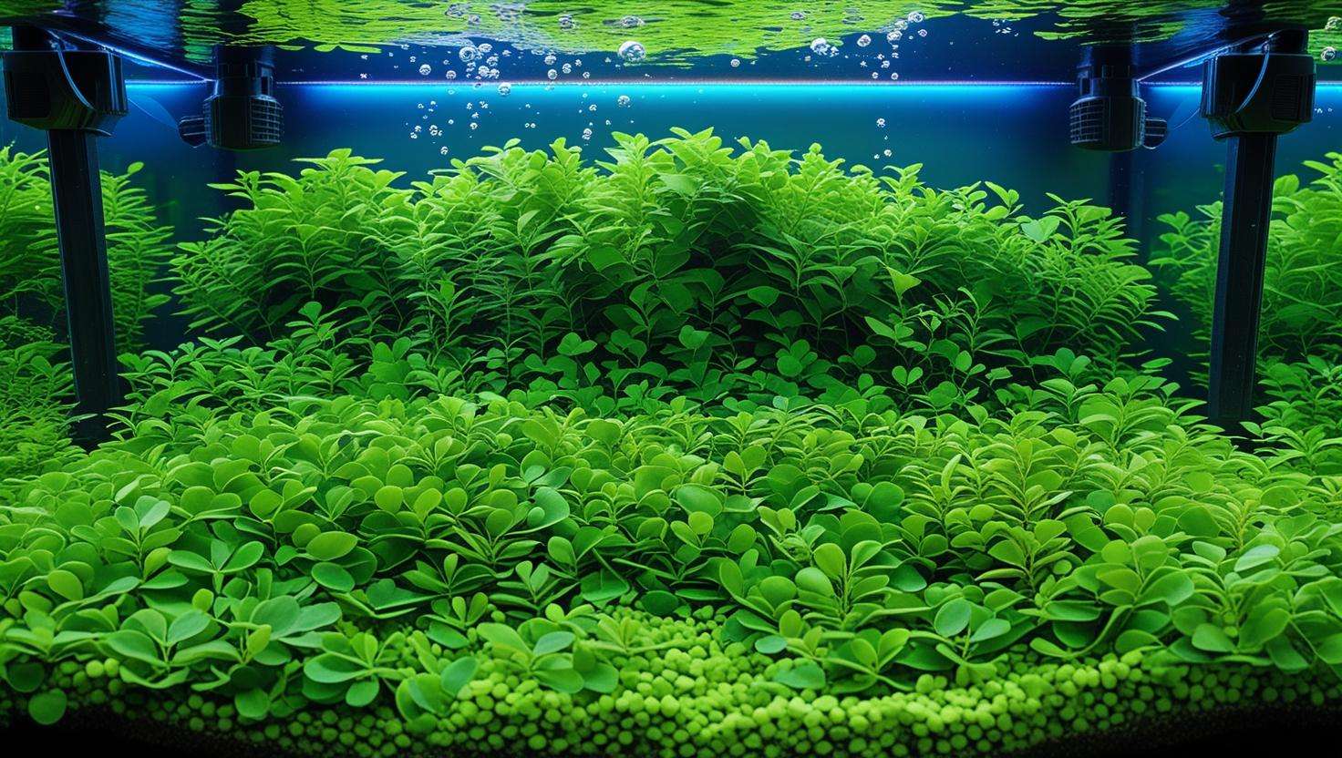 Vibrant Monte Carlo carpet in a high-tech planted aquarium with LED lighting