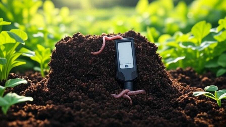 Close-up of soil sample with pH meter and compost in a lush garden bed for soil health measurement