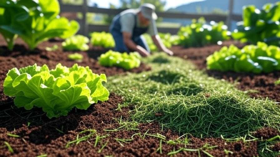 Farmer mulching lettuce plants with grass clippings and coffee grounds