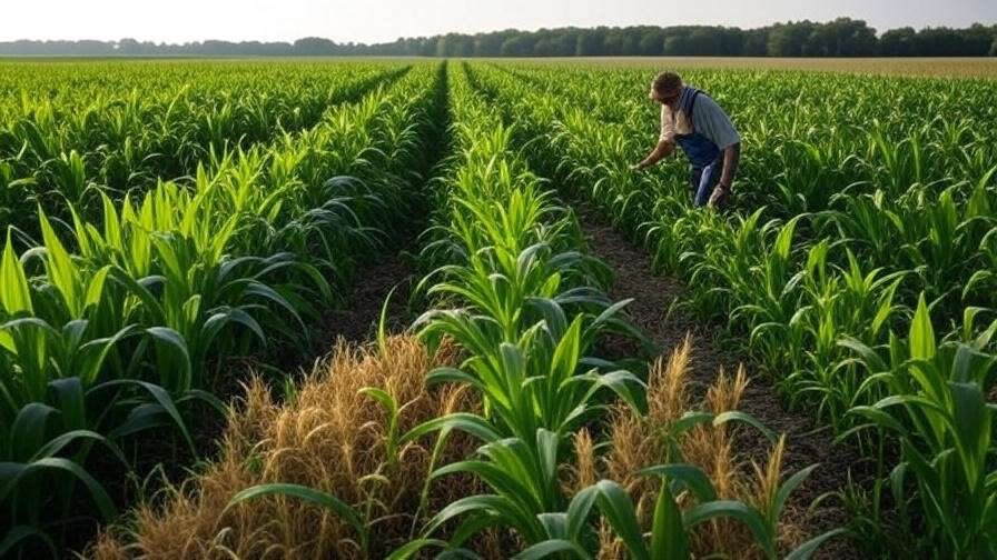 Field with crop rotation featuring corn, soybeans, and wheat with farmer adding cover crops