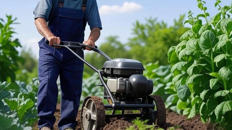 Farmer in gear using electric cultivator in garden with green plants