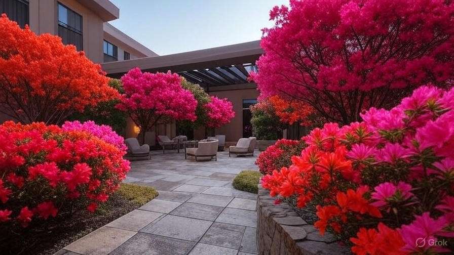 Vibrant artificial azalea shrubs enhancing a low-maintenance hotel courtyard seating area