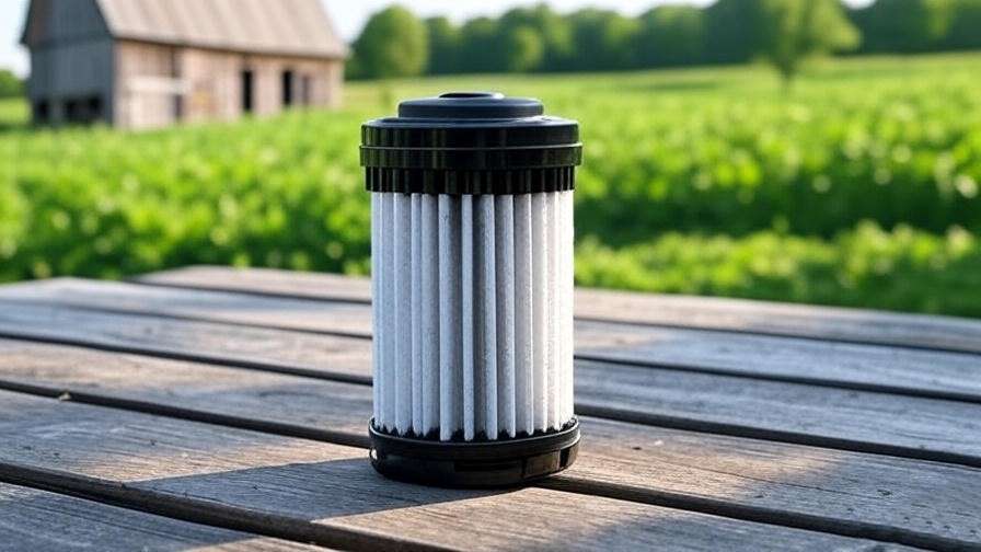 Durable carbon water filter with UV-resistant housing on a farm landscape