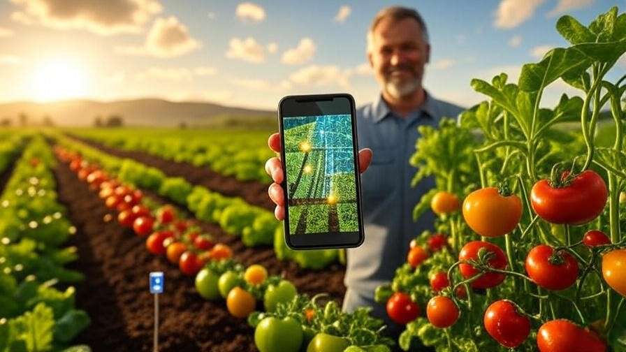 Farmer using a smartphone for landscape virtualization management on a small organic farm with IoT sensors and vibrant crops.