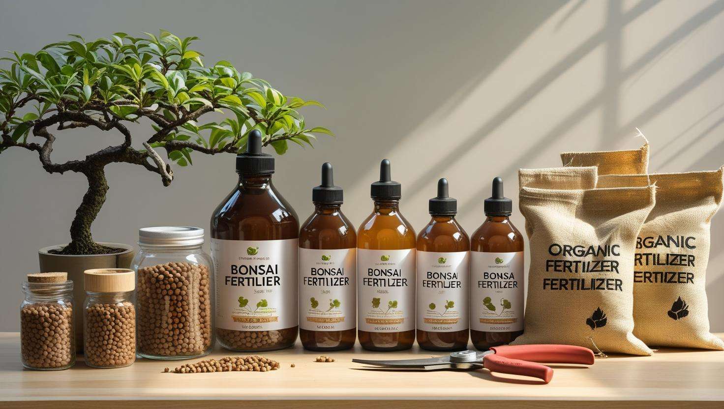 Variety of bonsai fertilizers including pellets, liquid bottles, and organic bags with bonsai tools on a table.