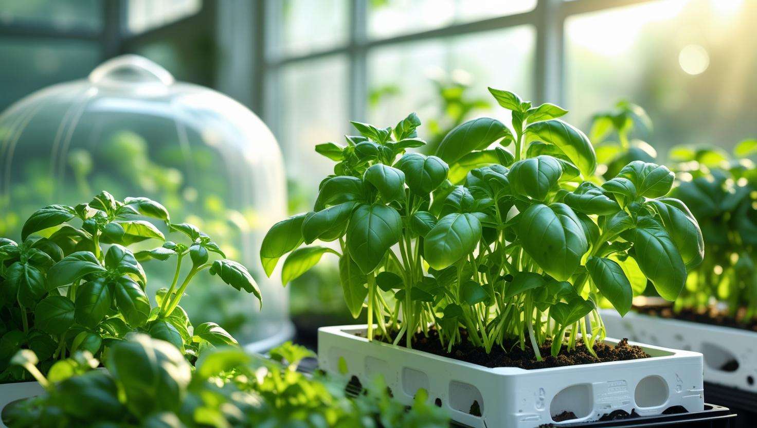 Hydroponic herbs like basil and cilantro growing in rockwool cubes with humidity dome.