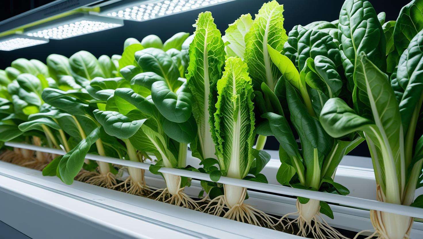 Close-up of hydroponic leafy greens like lettuce and spinach in NFT system with LED lights.