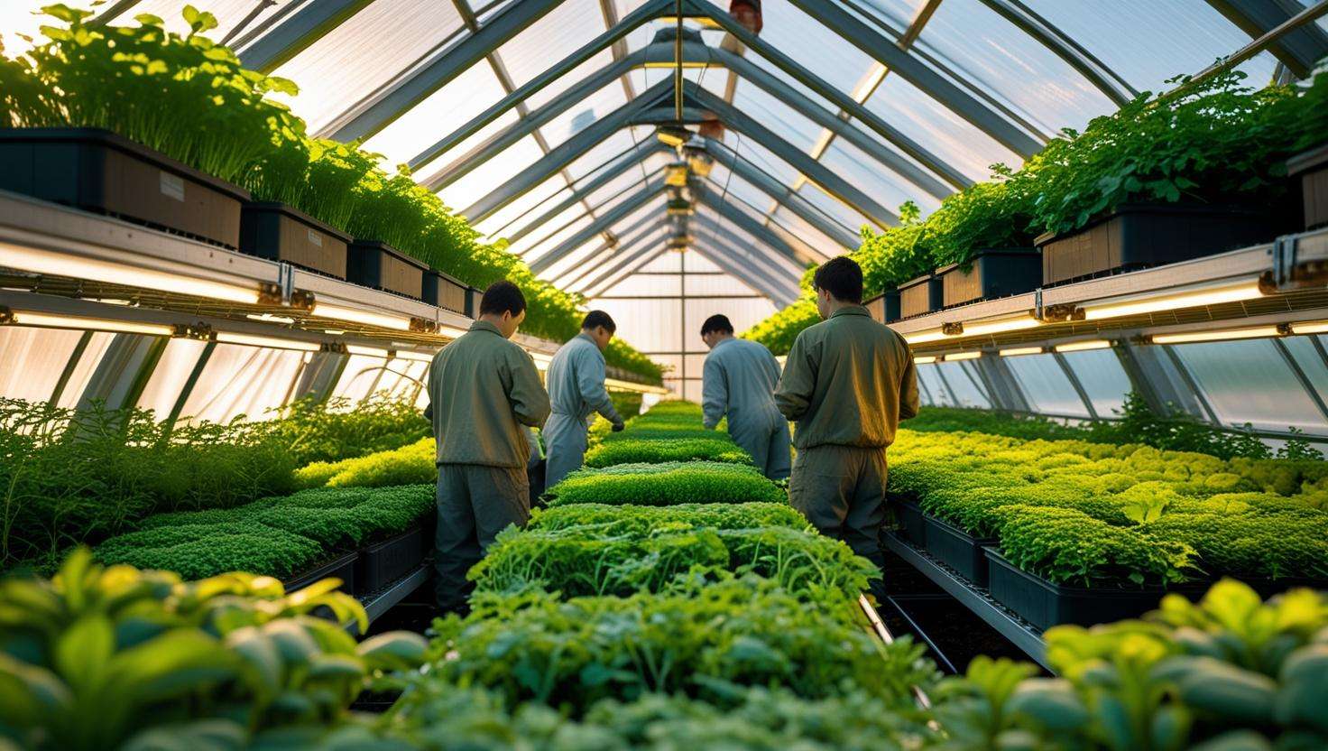 Interior of tri-penta greenhouse with vertical herb racks and workers.