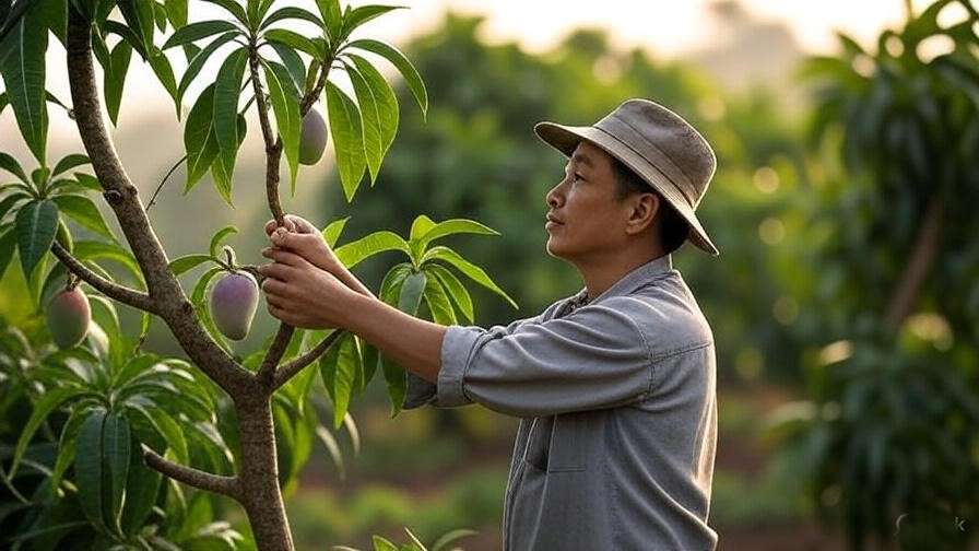 Gardener pruning a mango tree in an Asian fruit orchard