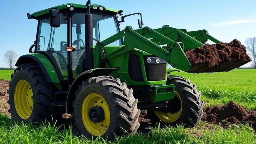 Compact tractor with front-end loader lifting soil on small farm.