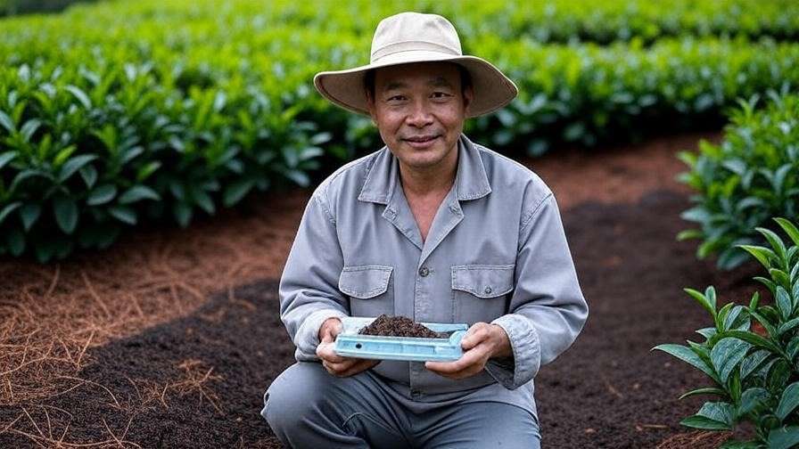 Tea plants with rich, dark, well-aerated soil and a layer of pine-needle mulch, with a farmer holding a soil testing kit.