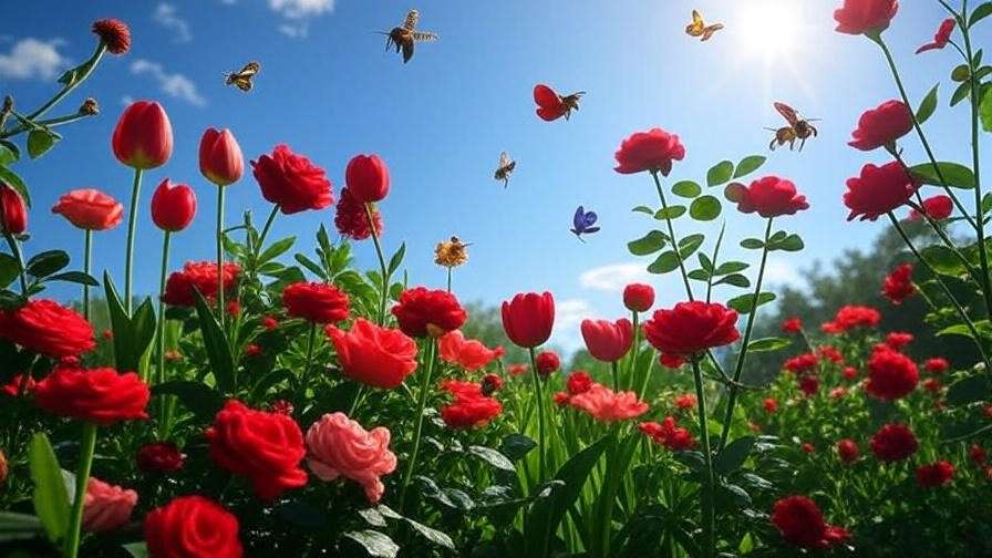 Bees and butterflies on red perennial flowers in a biodiverse garden.