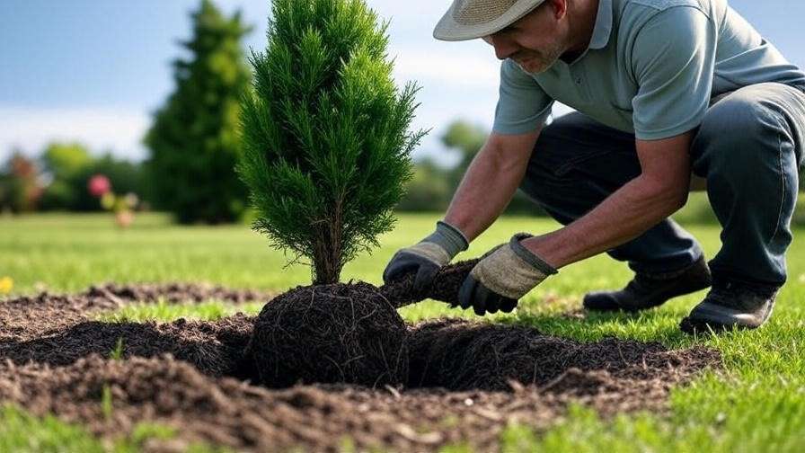 Gardener planting a cypress shrub with proper technique, including digging and mulching