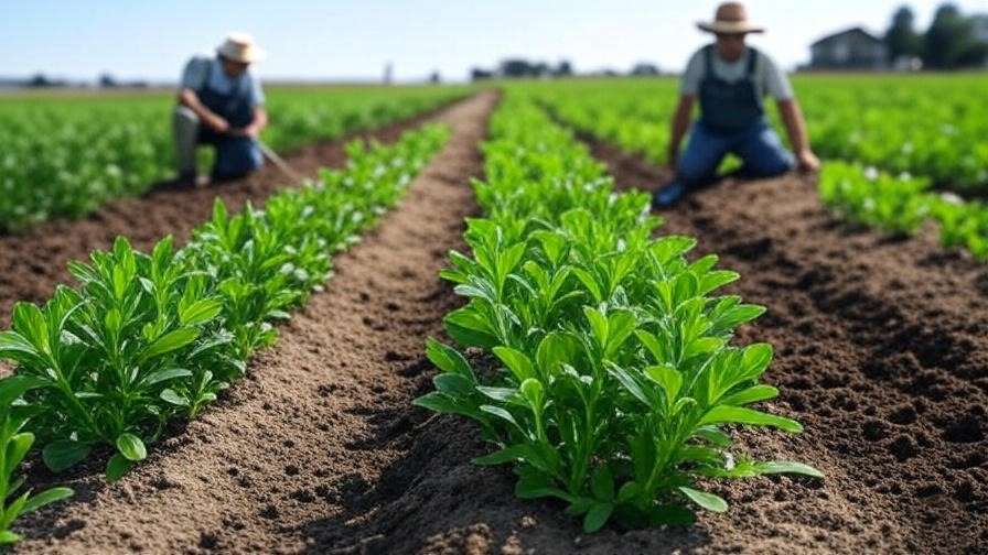 Drip irrigation system watering organic lentil plants with a farmer checking soil moisture.