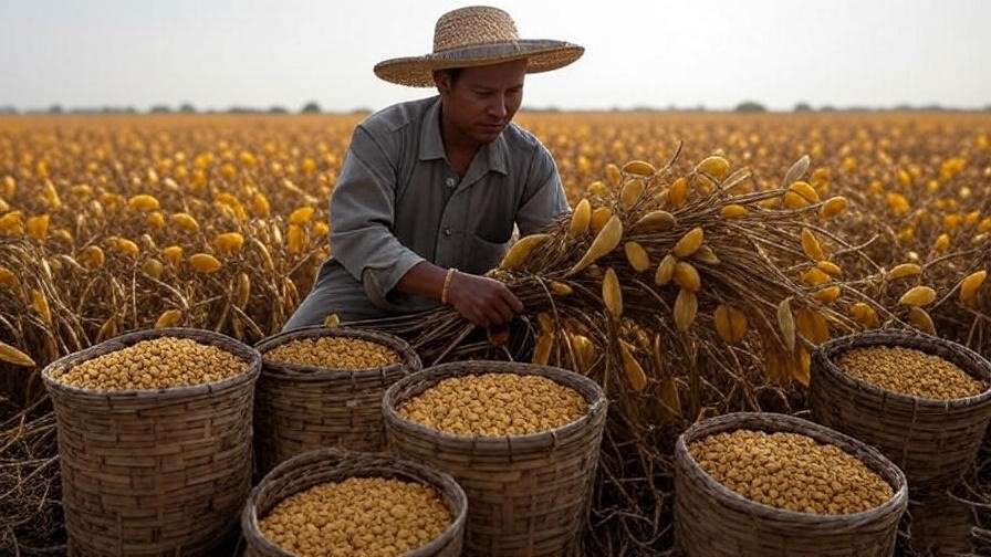 Farmer hand-harvesting organic lentils with dry pods in a golden field.