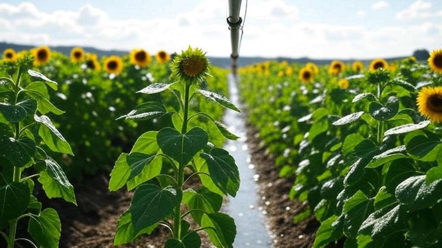 Drip irrigation system watering organic sunflower rows efficiently.
