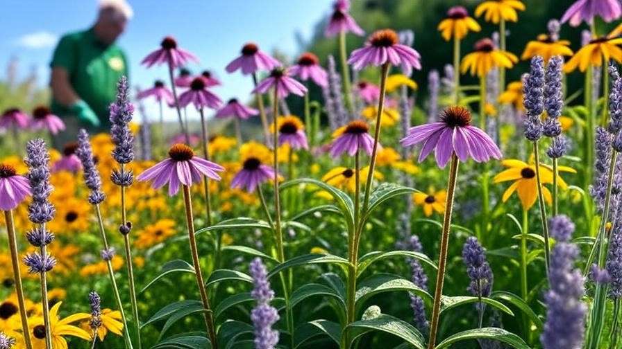 Vibrant Zone 6 garden with coneflowers, black-eyed Susans, and Russian sage in bloom, gardener tending plants.
