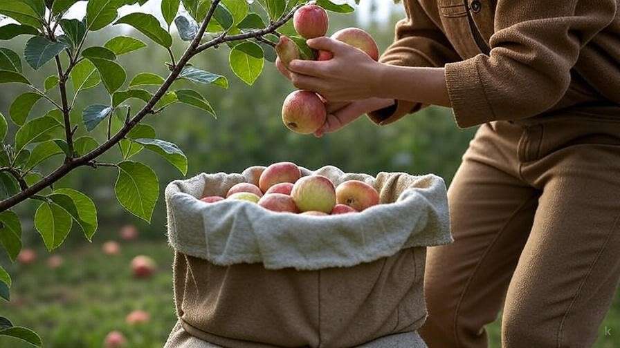 Person harvesting organic apples and storing them in a basket.