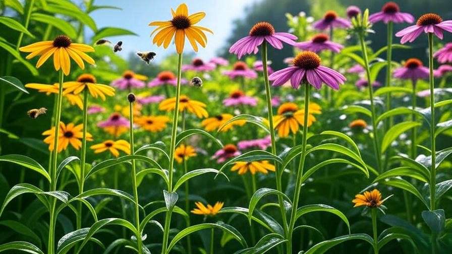 Vibrant Maryland native garden with Black-Eyed Susan and Purple Coneflower, buzzing with bees and butterflies