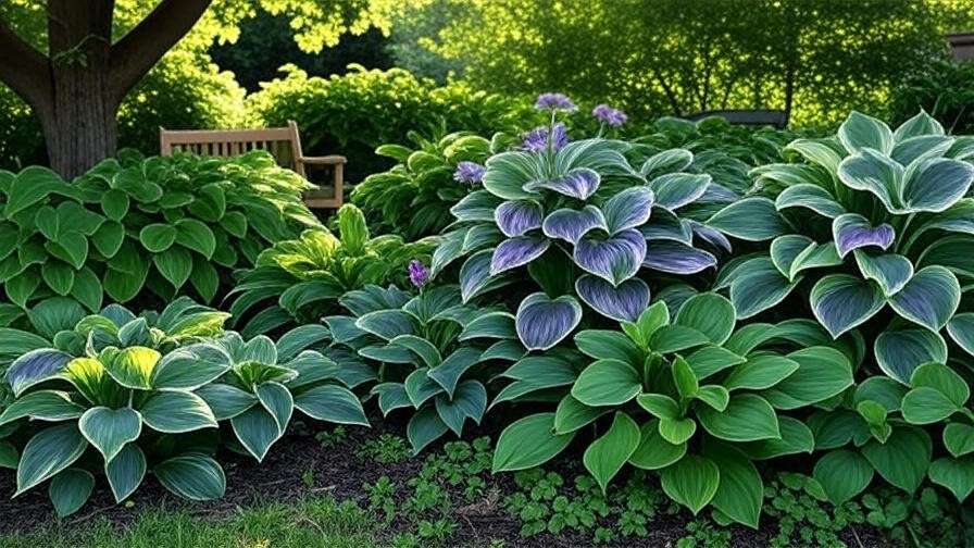 Shaded Zone 5 garden with hostas and coral bells featuring variegated foliage and a wooden bench