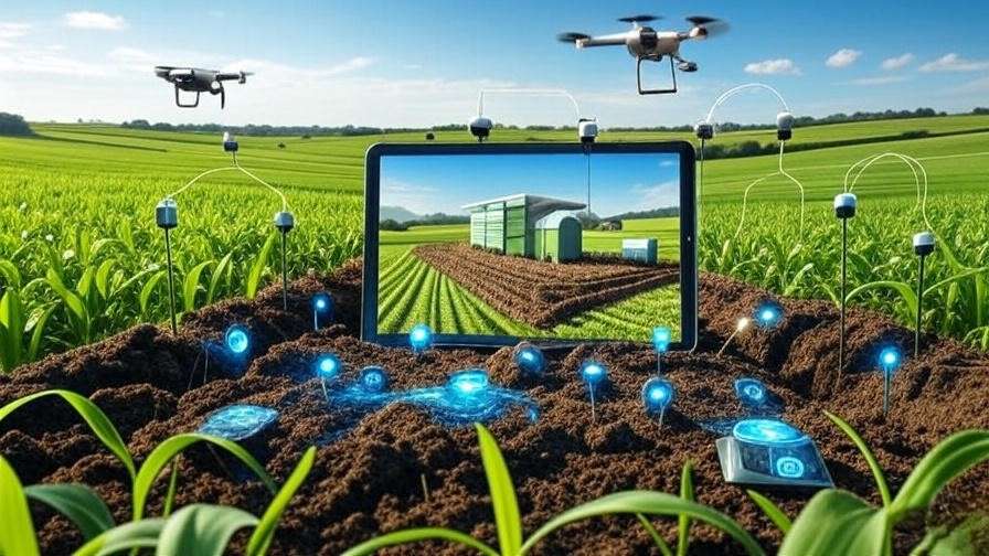 Digital tablet displaying a virtual farm model with IoT sensors and a drone in a field, illustrating landscape virtualization management technology.