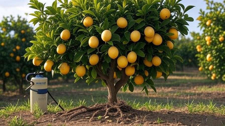 Lemon tree with fruits and spray equipment in a sunny orchard.