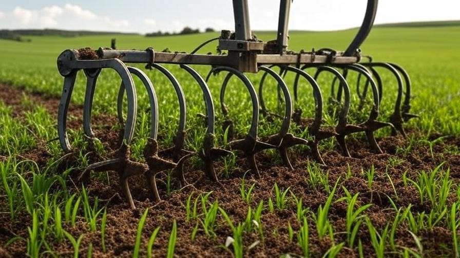 Spring tine cultivator aerating soil and uprooting weeds in a field