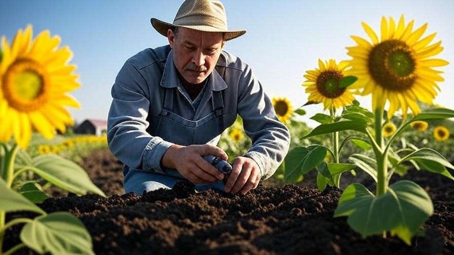Farmer using soil sensor in organic sunflower field for soil health.