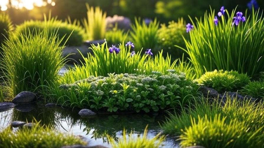 Eco-friendly Zone 5 rain garden with Siberian iris, sedum, and a small pond.