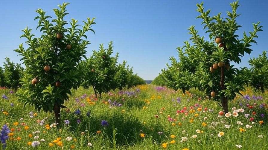 Organic prune orchard with wildflower strips and bees for pollination.