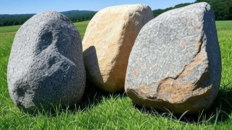 Close-up of granite, limestone, and sandstone landscaping boulders in a farm setting, highlighting their unique textures and colors for agricultural use.