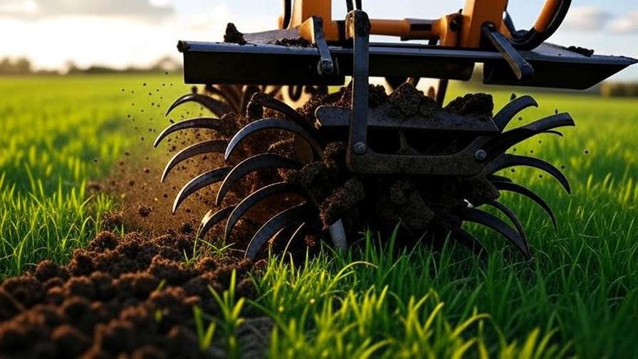Rotary tiller attachment breaking up compacted soil in a green field