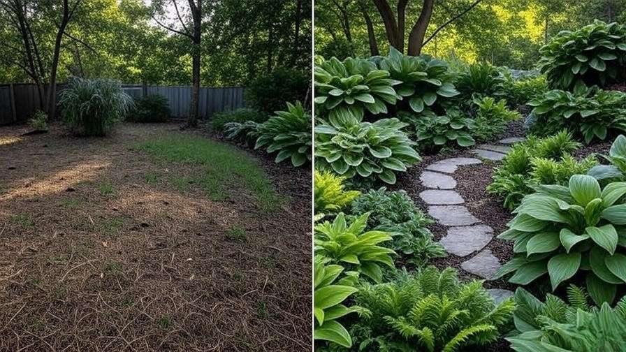 Before-and-after transformation of a shady backyard with hostas and ferns.