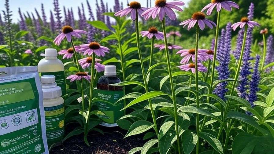 Zone 6 garden with coneflowers and salvia showing powdery mildew, organic pest control nearby