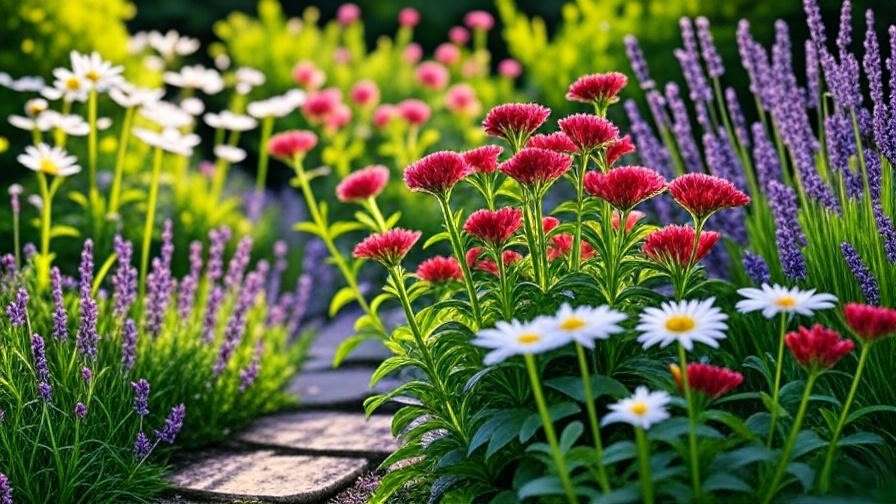 Red perennials with white daisies and purple lavender in a balanced garden design