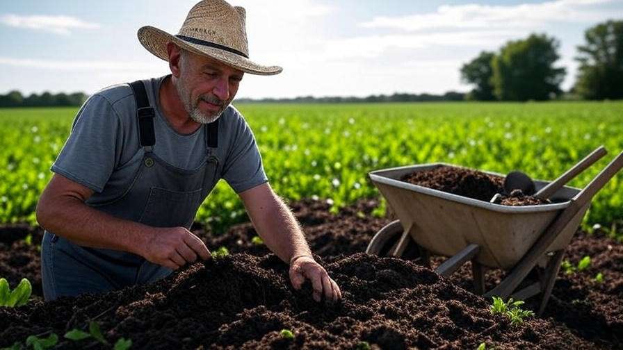 Farmer applying compost to cultivated soil with wheelbarrow and tools