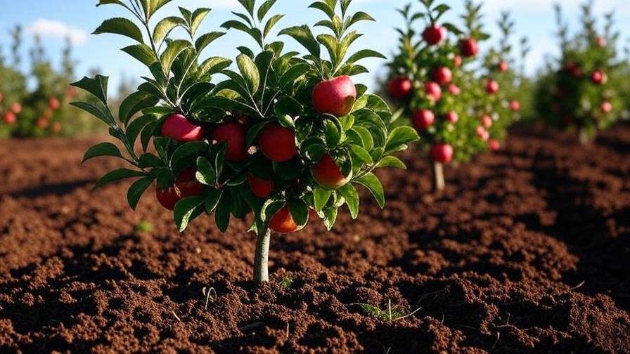 Vibrant organic apple orchard with ripe apples and healthy soil under warm daylight.