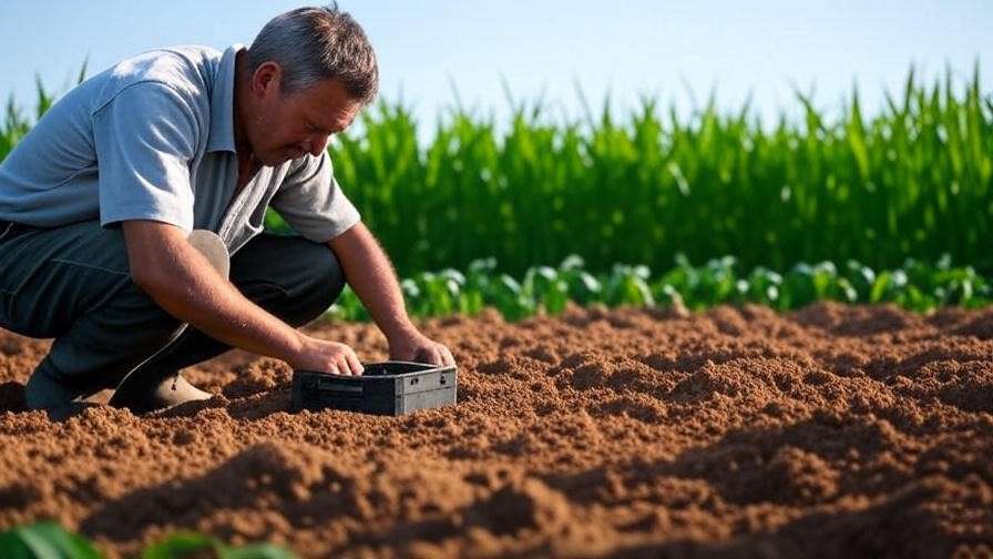 "Farmer testing soil with a kit in a lush crop field for nitrogen levels