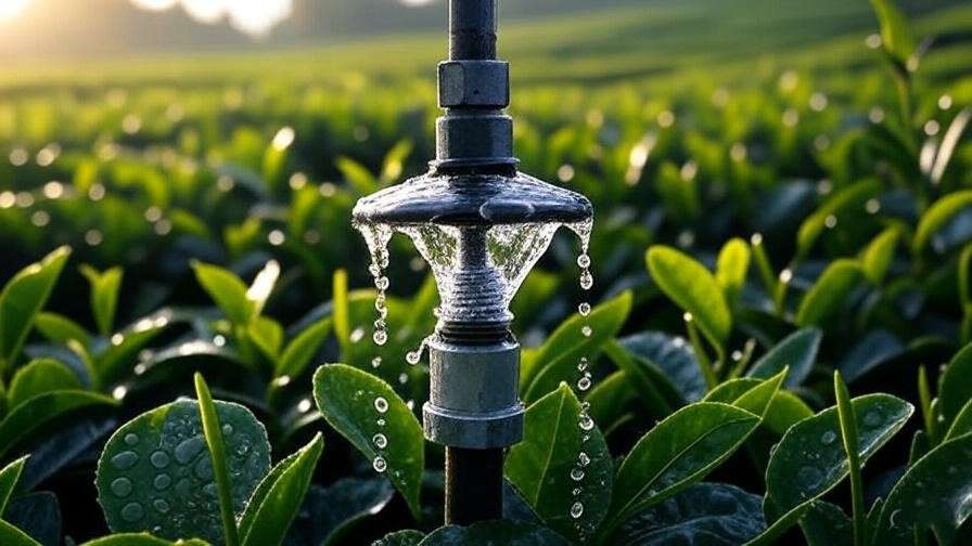 Close-up of a drip irrigation emitter watering tea plants, water droplets glistening in morning sun.
