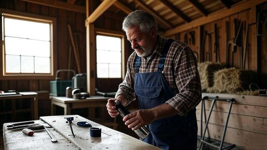 Farmer replacing carbon filter cartridge with tools in a barn