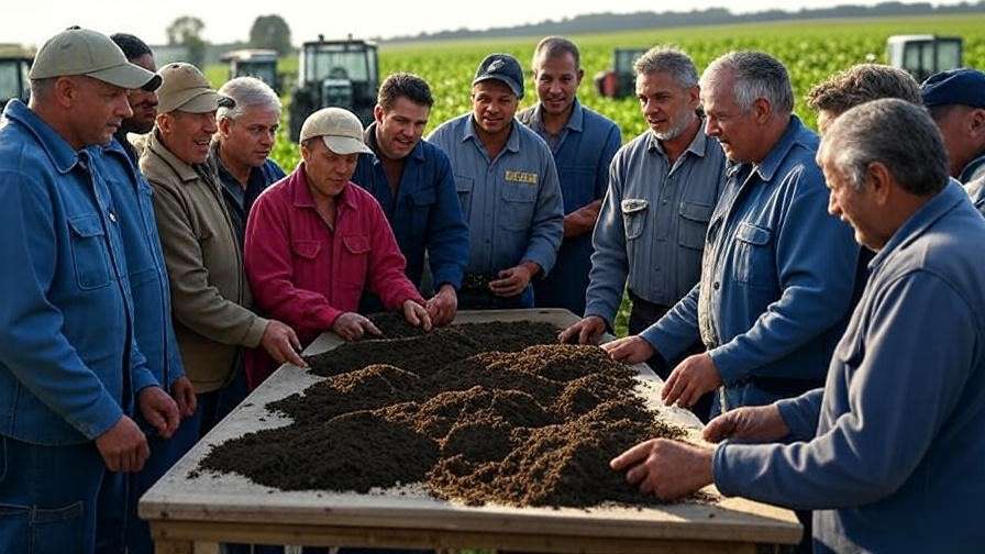 Farmers and conservation experts discussing sustainable farming strategies in a crop field.