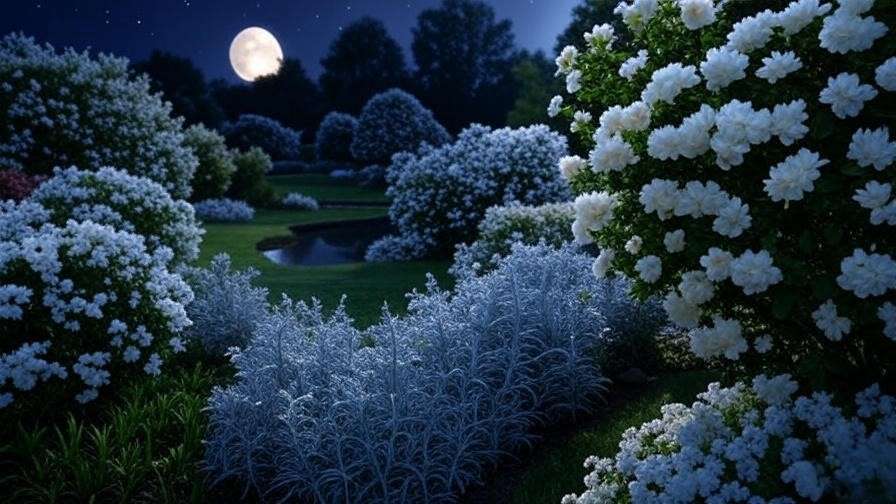 Moon garden at dusk with glowing white flower shrubs and silver foliage under a starry sky